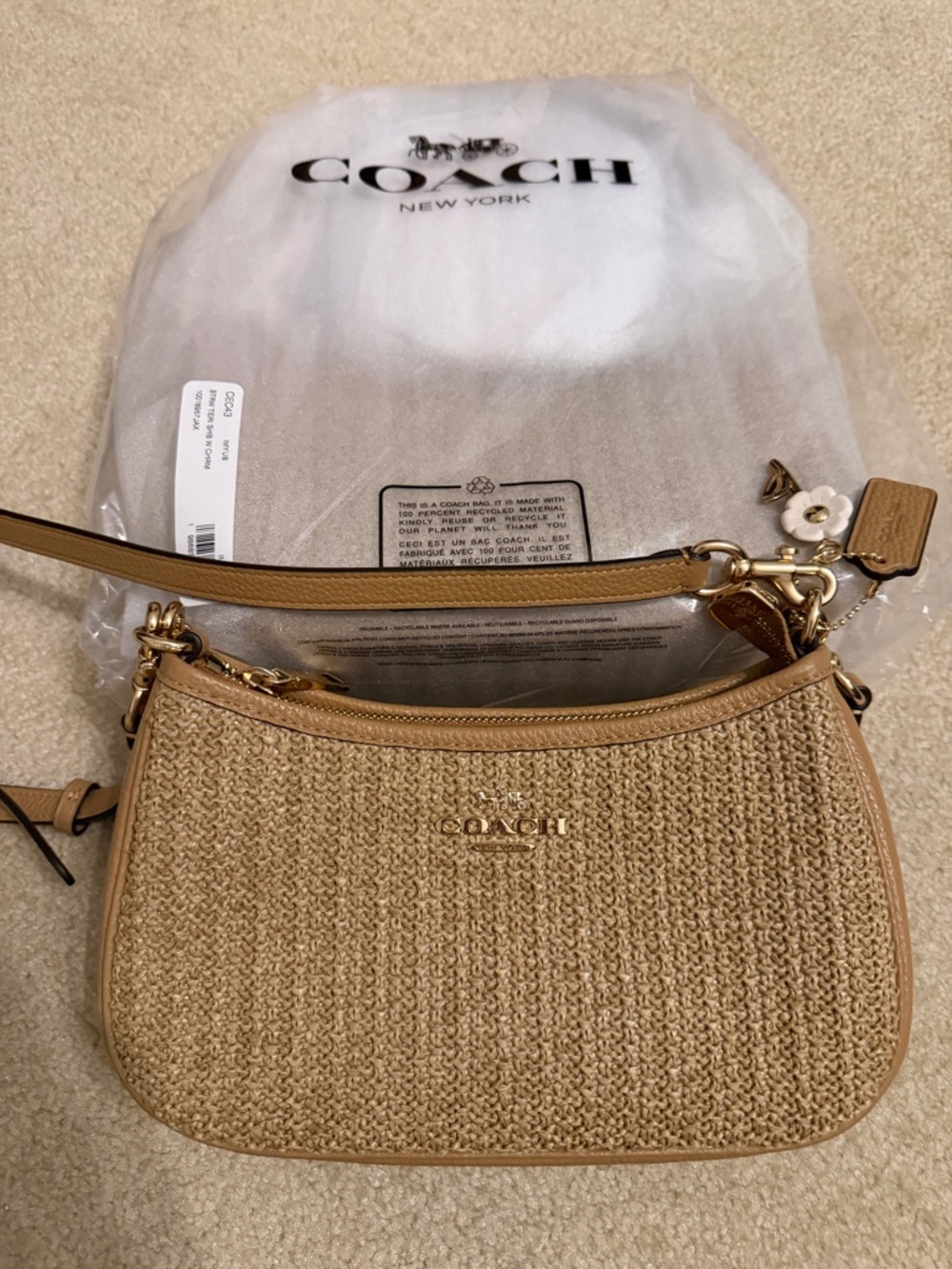 Coach Teri Straw Shoulder Bag in Toast with Gold  and charm!